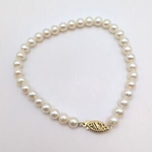 14k Yellow Gold Clasp Genuine Pearl Beaded Bracelet FIC 7.5in 5.5mm